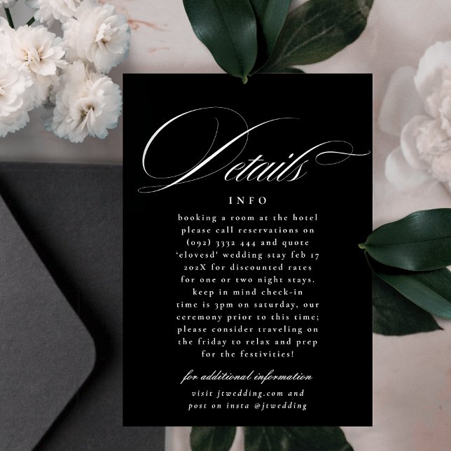 Classic Calligraphy Black White Wedding Details Enclosure Card (Creator Uploaded)