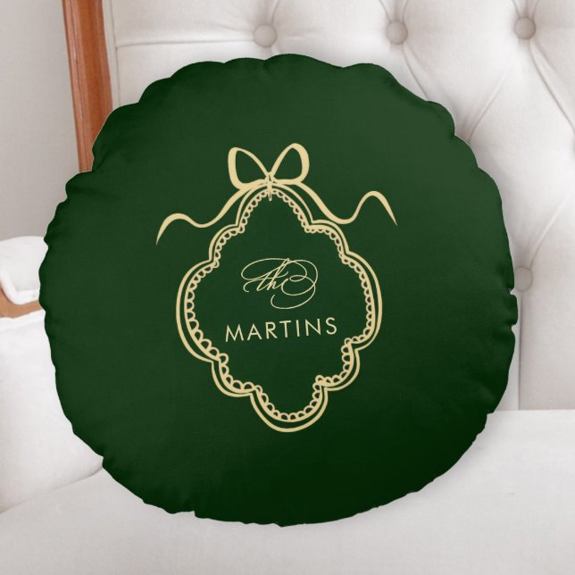 Classic Calligraphy Christmas Crest with Name Round Pillow (Creator Uploaded)