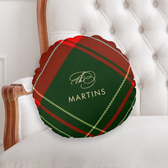 Classic Calligraphy Christmas Red Plaid Round Pillow (Creator Uploaded)