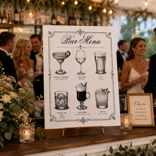 Classic Calligraphy Cocktail Bar Menu Foam Board (Elegant 11x14 wedding bar menu displayed on an easel, perfect for receptions and events.)