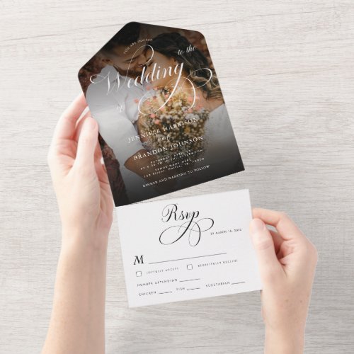 Classic Calligraphy  Dark Photo Elegant Wedding All In One Invitation