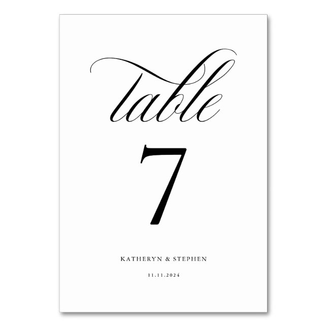 Classic Calligraphy Elegant Wedding Table Number 7 (Front)