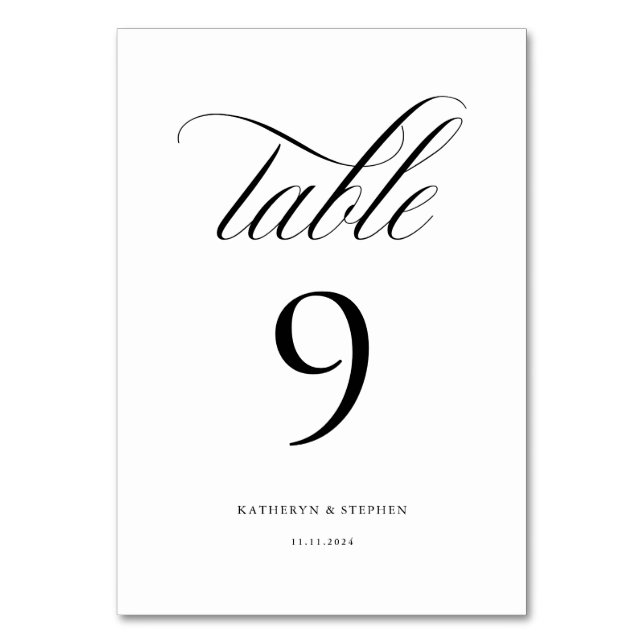 Classic Calligraphy Elegant Wedding Table Number 9 (Front)