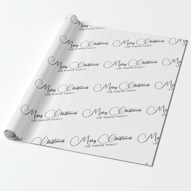Classic Calligraphy Family Name Merry Christmas Wrapping Paper (Unrolled)