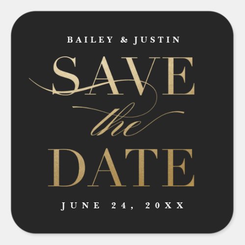 Classic Calligraphy Gold Save the Date Square Sticker