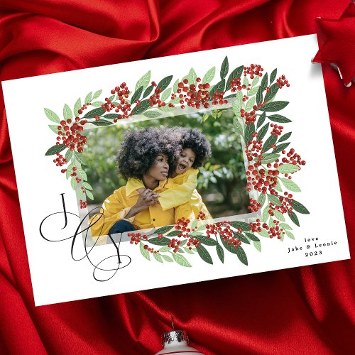 Classic Calligraphy JOY Botanical Christmas Photo Holiday Card