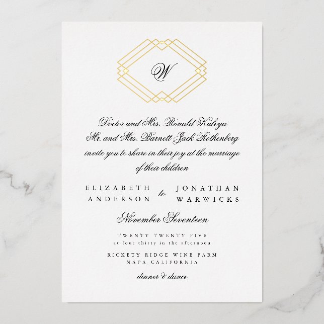 Classic Calligraphy Monogram Gold Deco Wedding Foil Invitation (Front)