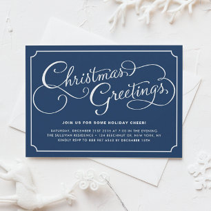 Classic Calligraphy Navy Blue Christmas Party Invitation