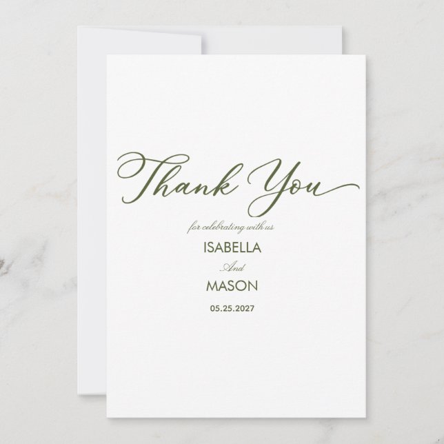 Classic calligraphy olive green thank you card (Front)