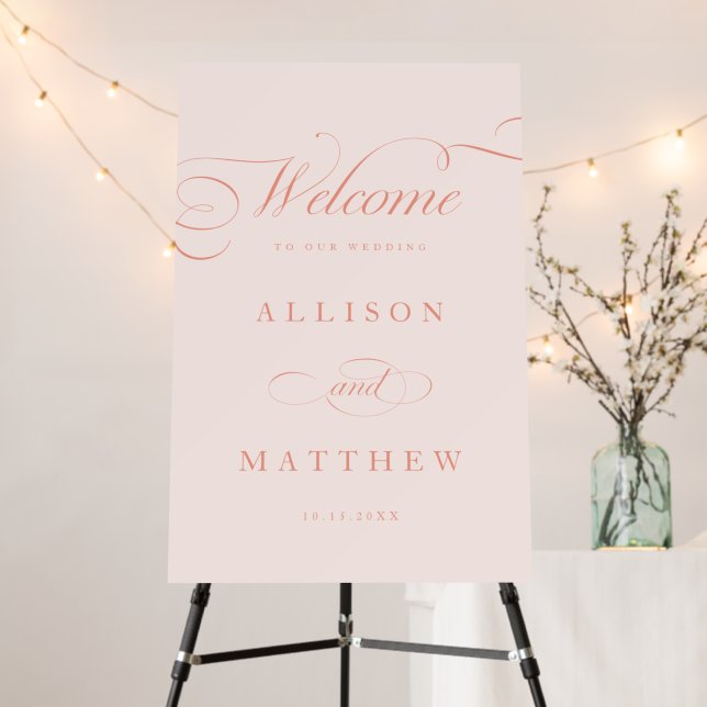 Classic Calligraphy Peach Wedding Welcome Sign (In Situ (Stand))
