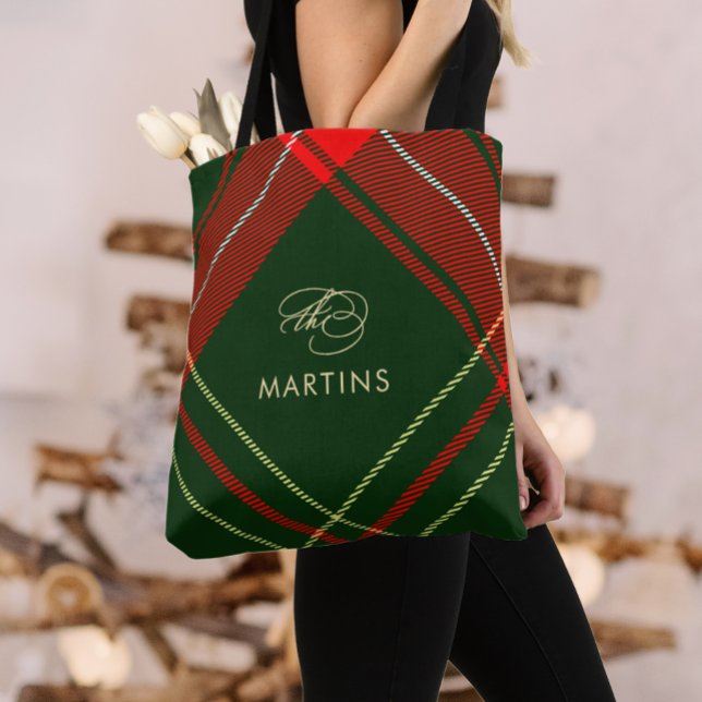 Classic Calligraphy Personalized Christmas Plaid Tote Bag (Creator Uploaded)
