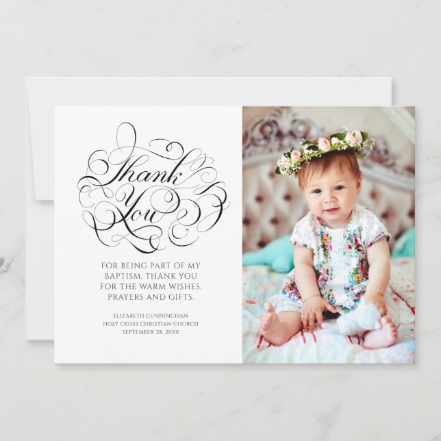 Classic Calligraphy Photo Baptism Thank You Card (Front)