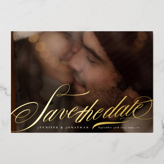 Classic Calligraphy Photo Wedding Save The Date Foil Invitation (Front)