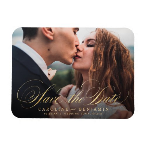 Classic calligraphy photo wedding save the date magnet