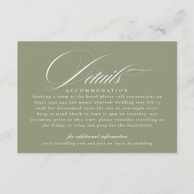 Classic Calligraphy Sage Green Wedding Details Enclosure Card (Front)