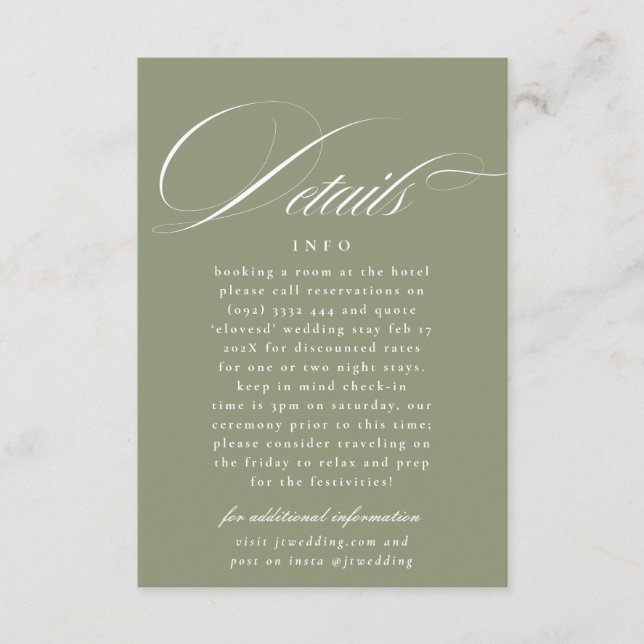 Classic Calligraphy Sage Green Wedding Details Enclosure Card (Front)