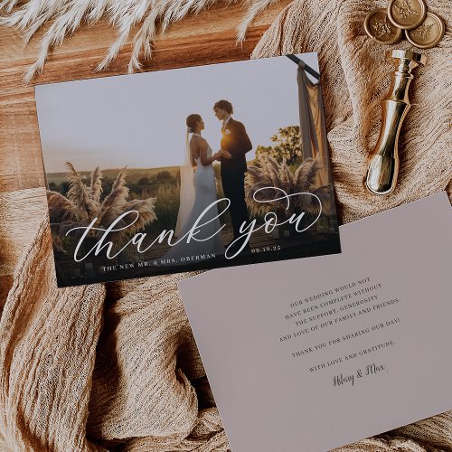 Classic Calligraphy Script Wedding Photo Flat Thank You Card