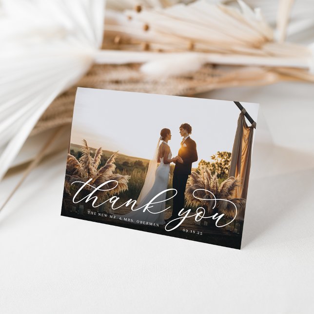 Classic Calligraphy Script Wedding Photo Folded Letterpress Thank You Card (Creator Uploaded)