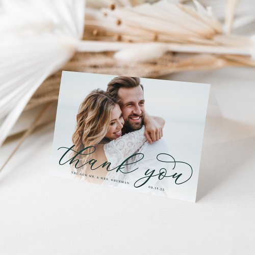 Classic Calligraphy Script Wedding Photo Folded Thank You Card