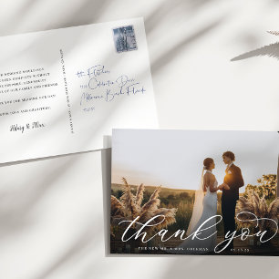 Classic Calligraphy Script Wedding Photo Thank You Postcard