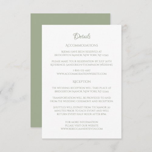 Classic Cameo Regency Green Wedding Details Enclosure Card
