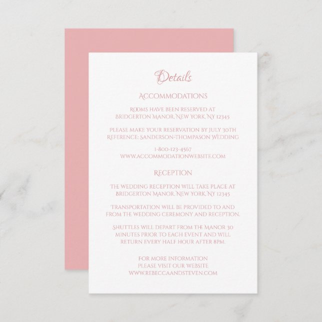 Classic Cameo Regency Pink Wedding Details Enclosure Card (Front/Back)