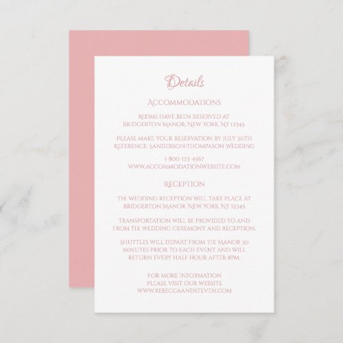 Classic Cameo Regency Pink Wedding Details Enclosure Card