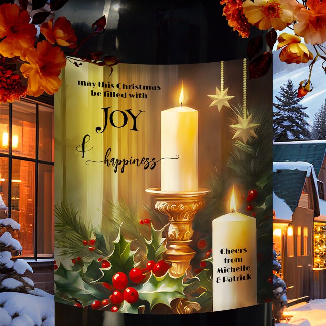 Classic Candles Mistletoe Christmas Wine Label (Classic Christmas wine label featuring candles, mistletoe and red berries, and gold stylized stars)