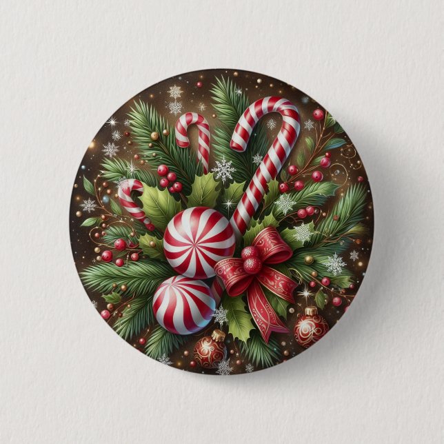 Classic Candy cane/peppermint Christmas greenery Button (Front)