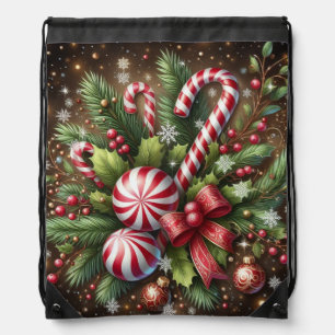 Classic Candy cane/peppermint Christmas greenery Drawstring Bag
