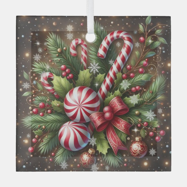 Classic Candy cane/peppermint Christmas greenery Glass Ornament (Front)
