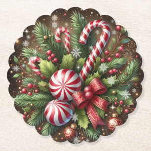 Classic Candy cane/peppermint Christmas greenery Paper Coaster