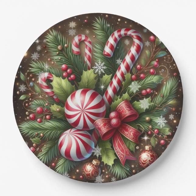 Classic Candy cane/peppermint Christmas greenery Paper Plates (Front)