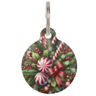 Classic Candy cane/peppermint Christmas greenery Pet ID Tag