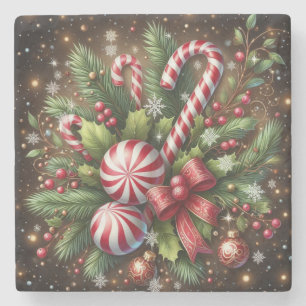 Classic Candy cane/peppermint Christmas greenery Stone Coaster
