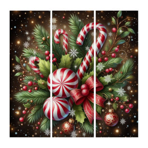 Classic Candy cane/peppermint Christmas greenery Triptych