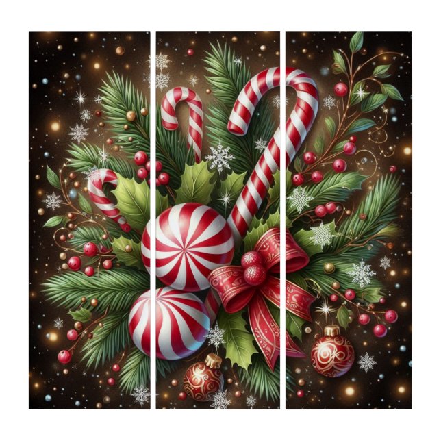 Classic Candy cane/peppermint Christmas greenery Triptych (Front)