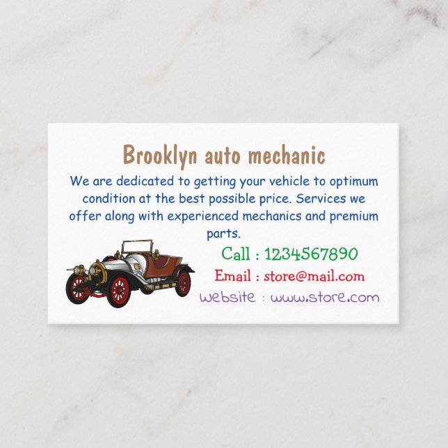 Classic car 1920 cartoon illustration business card (Front)