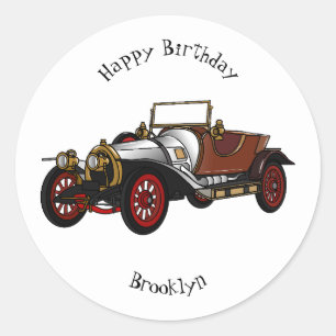 Classic car 1920 cartoon illustration classic round sticker