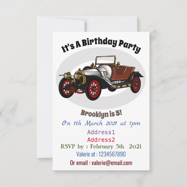 Classic car 1920 cartoon illustration invitation (Front)