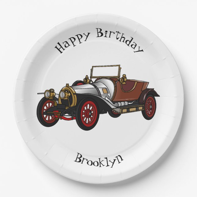Classic car 1920 cartoon illustration paper plates (Front)