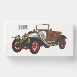 Classic car 1920 cartoon illustration wooden box sign
