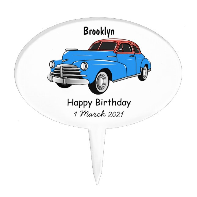 Classic car 1948 cartoon illustration cake topper (Front)