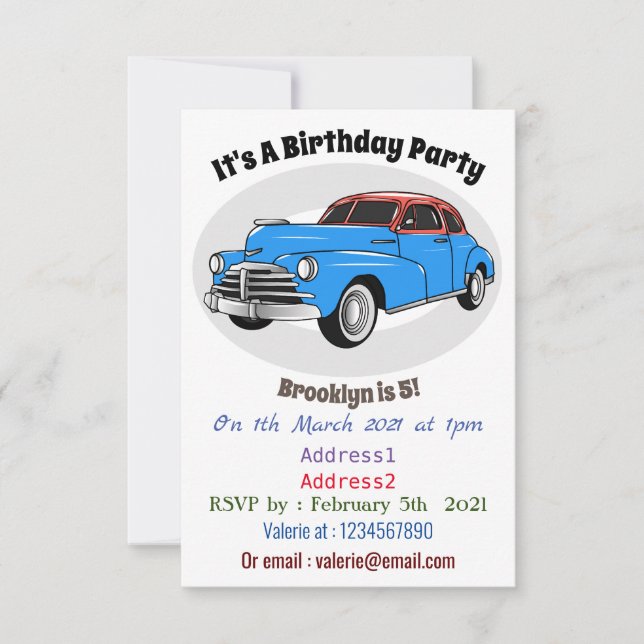 Classic car 1948 cartoon illustration invitation (Front)