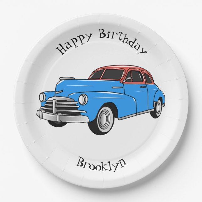 Classic car 1948 cartoon illustration paper plates (Front)