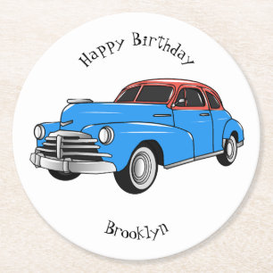 Classic car 1948 cartoon illustration round paper coaster
