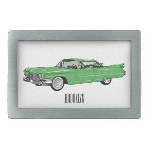Classic car 1959 cartoon illustration belt buckle