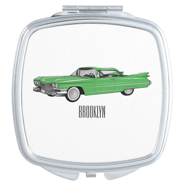 Classic car 1959 cartoon illustration compact mirror (Front)