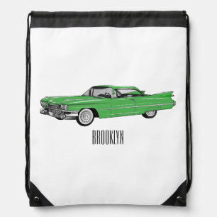 Classic car 1959 cartoon illustration drawstring bag