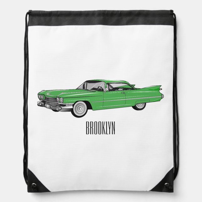 Classic car 1959 cartoon illustration drawstring bag (Front)